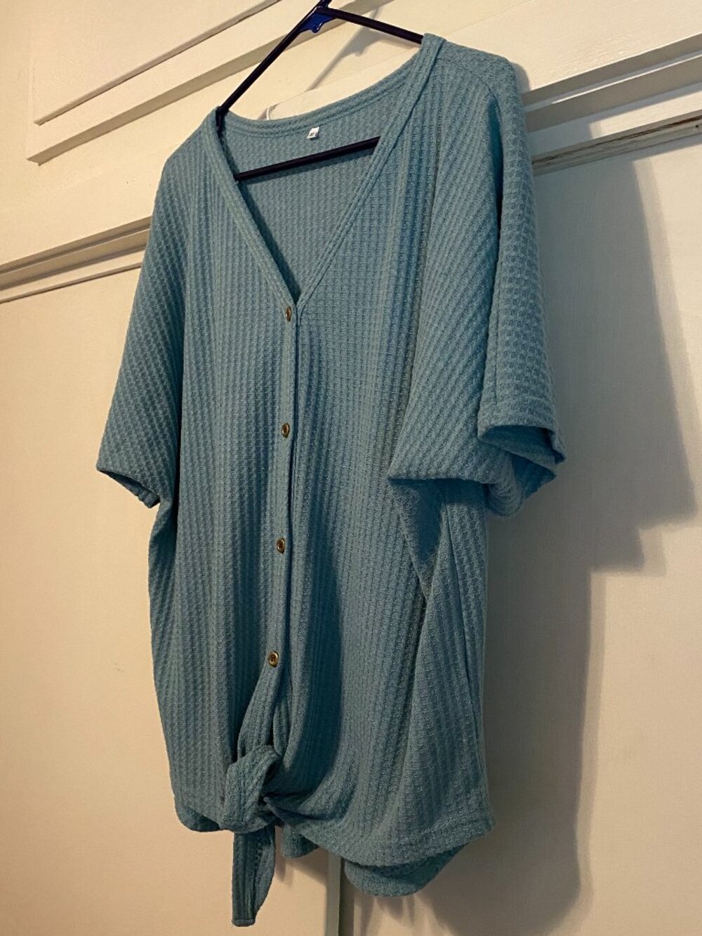 Rib knit, deep sea green short sleeve, button-down tunic w/bottom knot, size XL - Picture 4 of 10